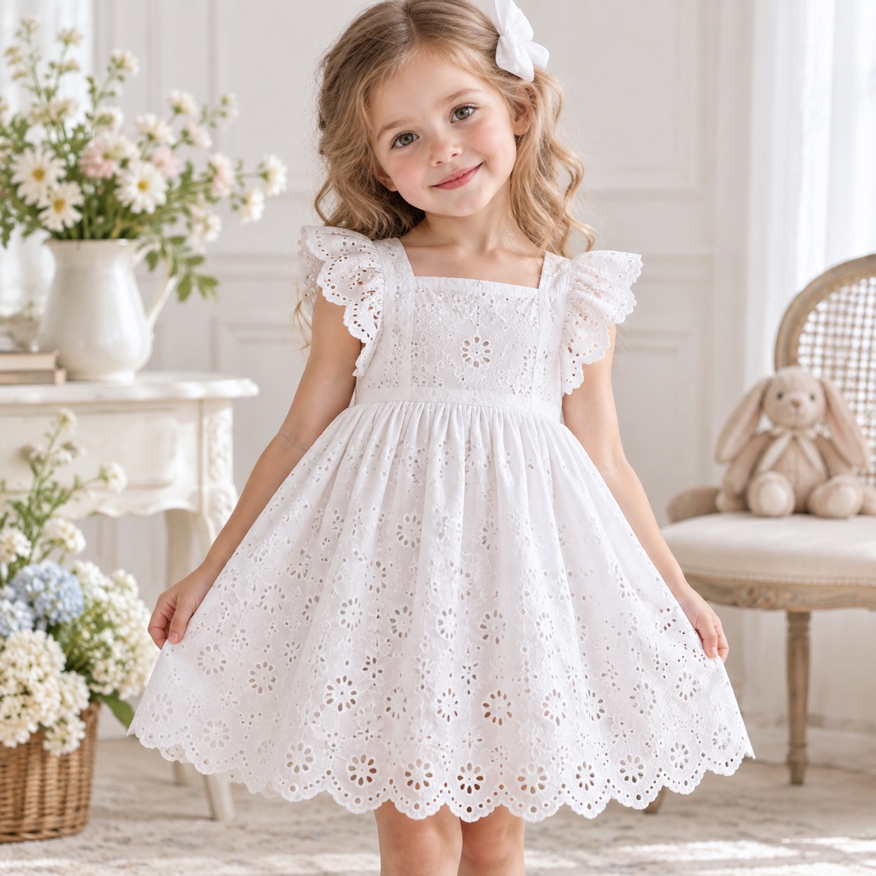 Moda infantil com renda de algodão bordada