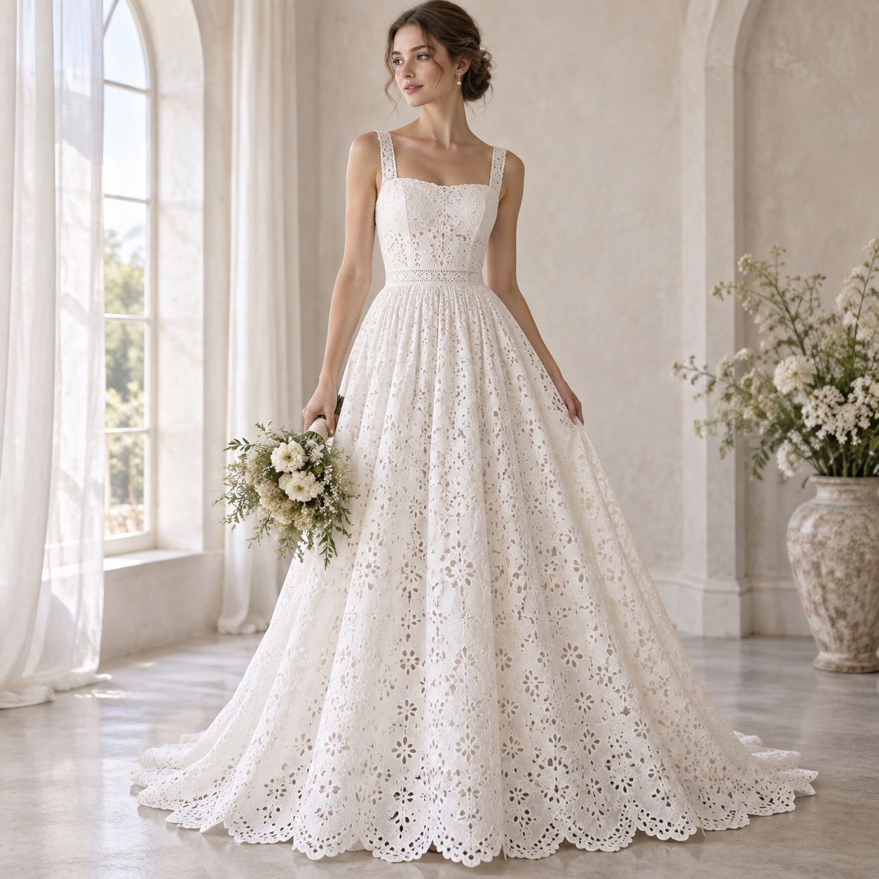 Vestido de noiva com renda de algodão bordada