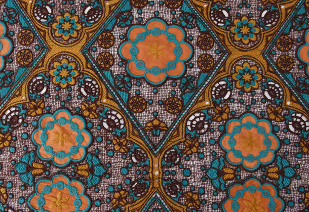 Tecido de renda com bordado floral geométrico multicolorido