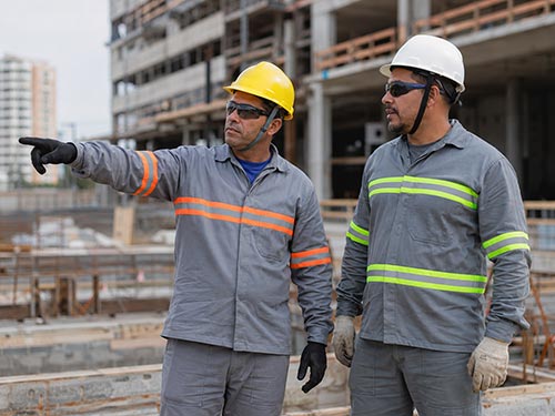 Trabalhadores da construção usando uniformes com fita refletiva em obra