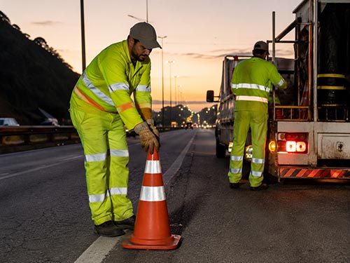 Equipe de manutenção viária usando roupas de alta visibilidade com fita refletiva